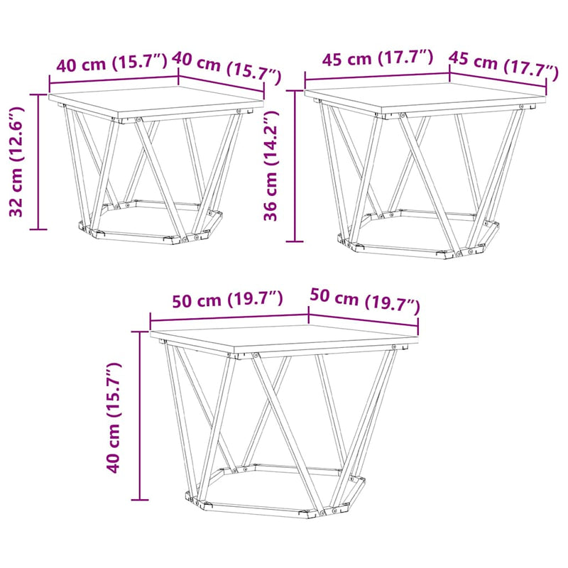 vidaXL Dohányzóasztal 3 pcs Füstölt tölgy Műszaki fa és acél