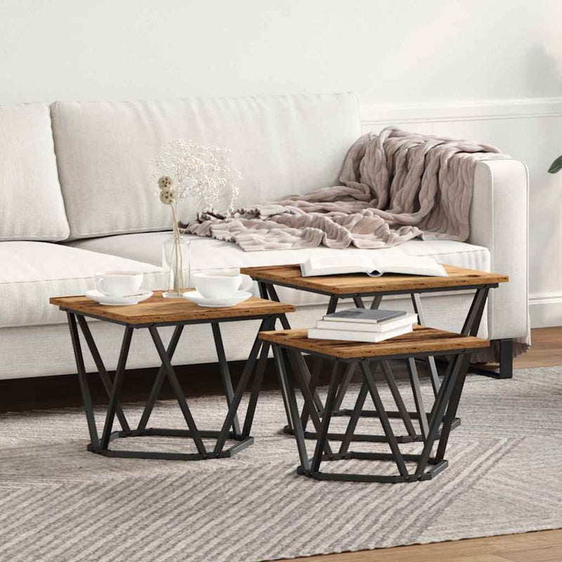 vidaXL Dohányzóasztal 3 pcs Régi fa 50 x 50 x 40 cm Műszaki fa és acél