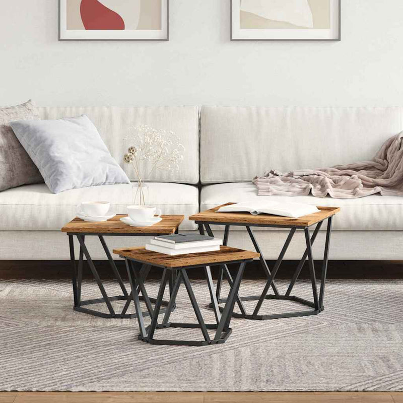 vidaXL Dohányzóasztal 3 pcs Régi fa 50 x 50 x 40 cm Műszaki fa és acél