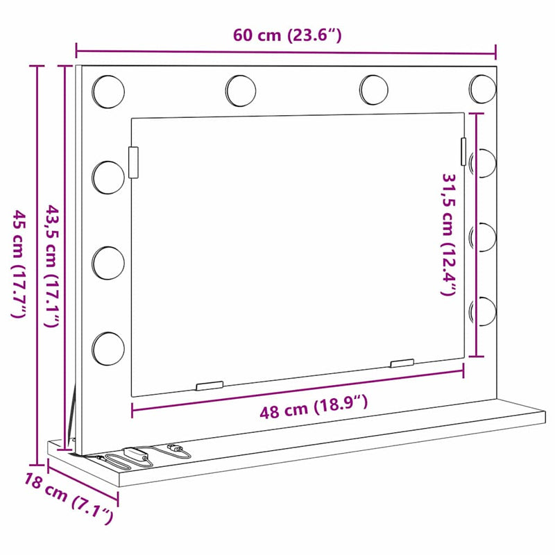 vidaXL Toalett Tükör LED -es lámpákkal Beton Szürke 60 x 45 x 18 cm