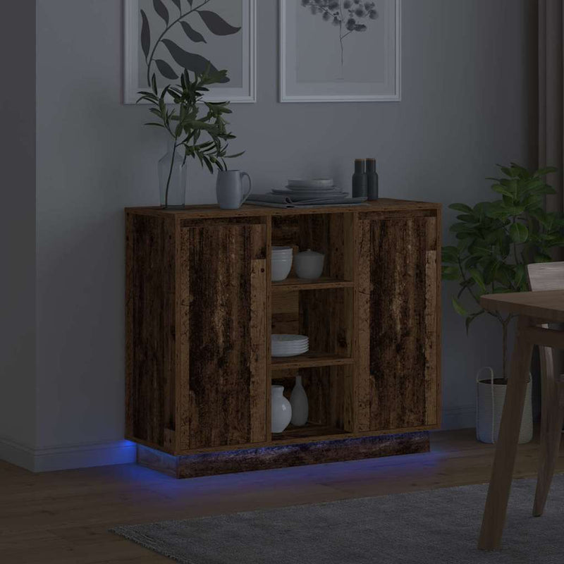 vidaXL Oldalszekrény LED -es lámpákkal Öreg fa 90 x 32 x 75 cm Faanyag