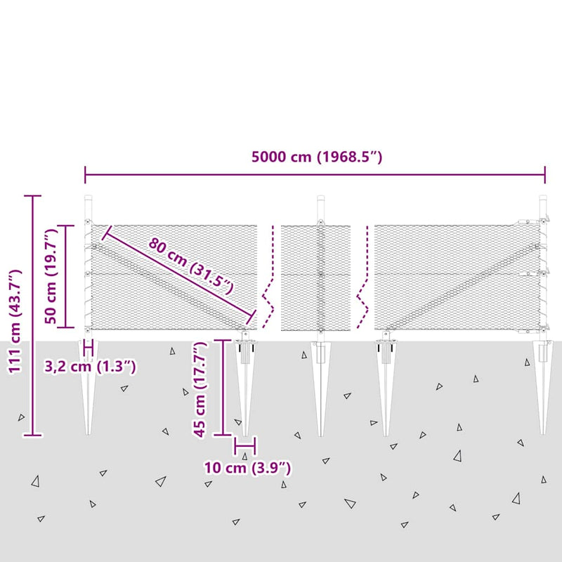 vidaXL Kerítés oszlopokkal Szürke 0.5 x 50 m PVC-bevonatos acél