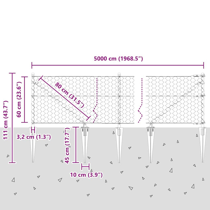 vidaXL Kerítés oszlopokkal Szürke 0.6 x 50 m PVC-bevonatos acél