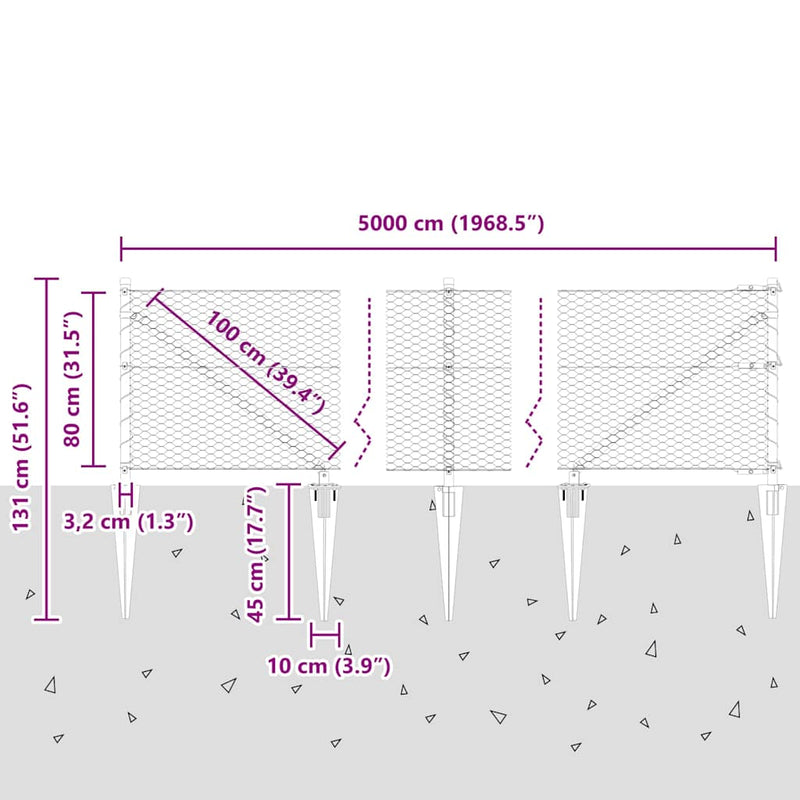 vidaXL Kerítés oszlopokkal Szürke 0.8 x 50 m PVC-bevonatos acél