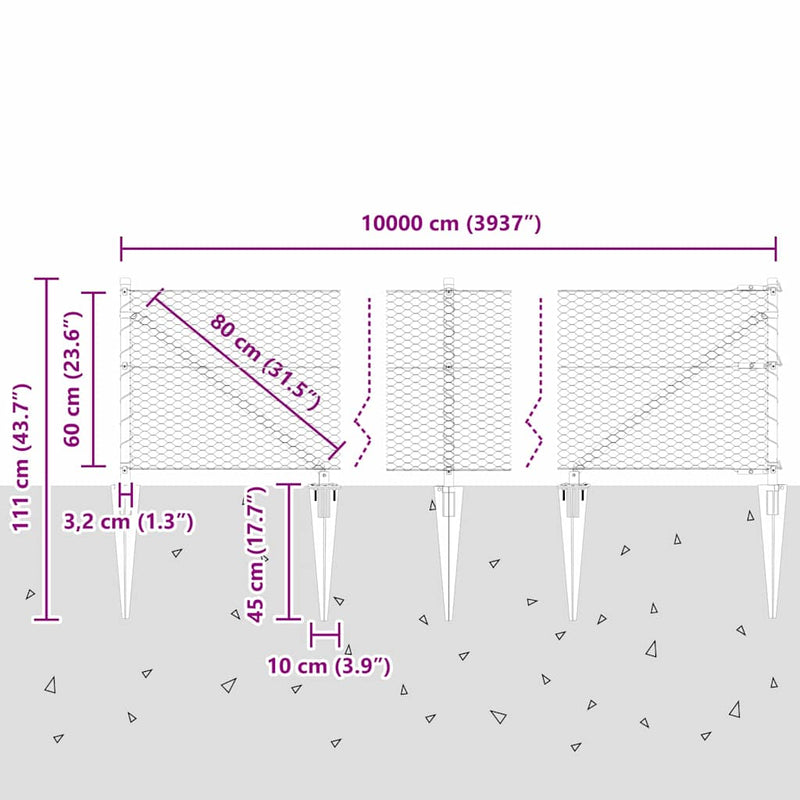 vidaXL Kerítés oszlopokkal Ezüst 0.6 x 100 m PVC-bevonatos acél