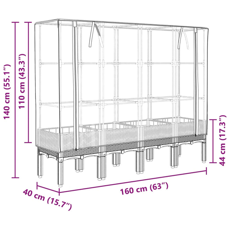 vidaXL rattan megjelenésű magaságyás melegháztakaróval 160x40x140 cm