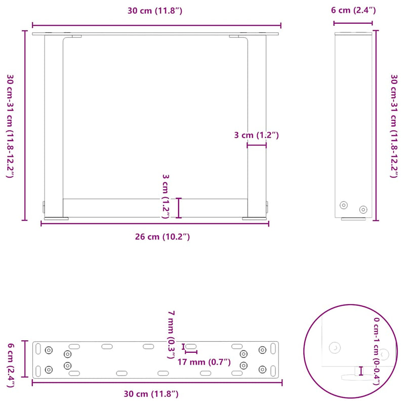 vidaXL 2 db U alakú natúr acél dohányzóasztal láb 30x(30-31) cm