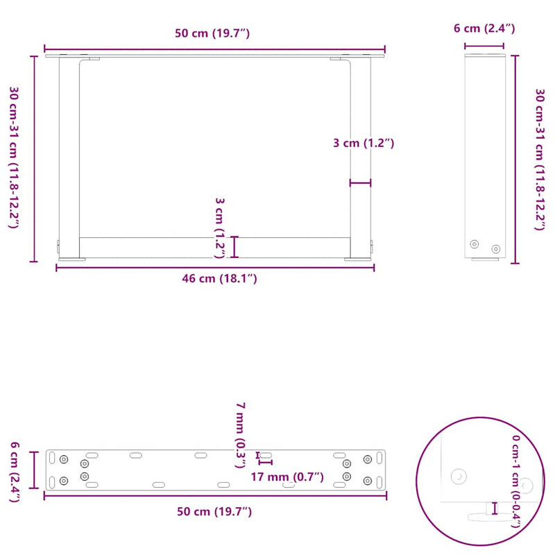 vidaXL 2 db U alakú natúr acél dohányzóasztal láb 50x(30-31) cm