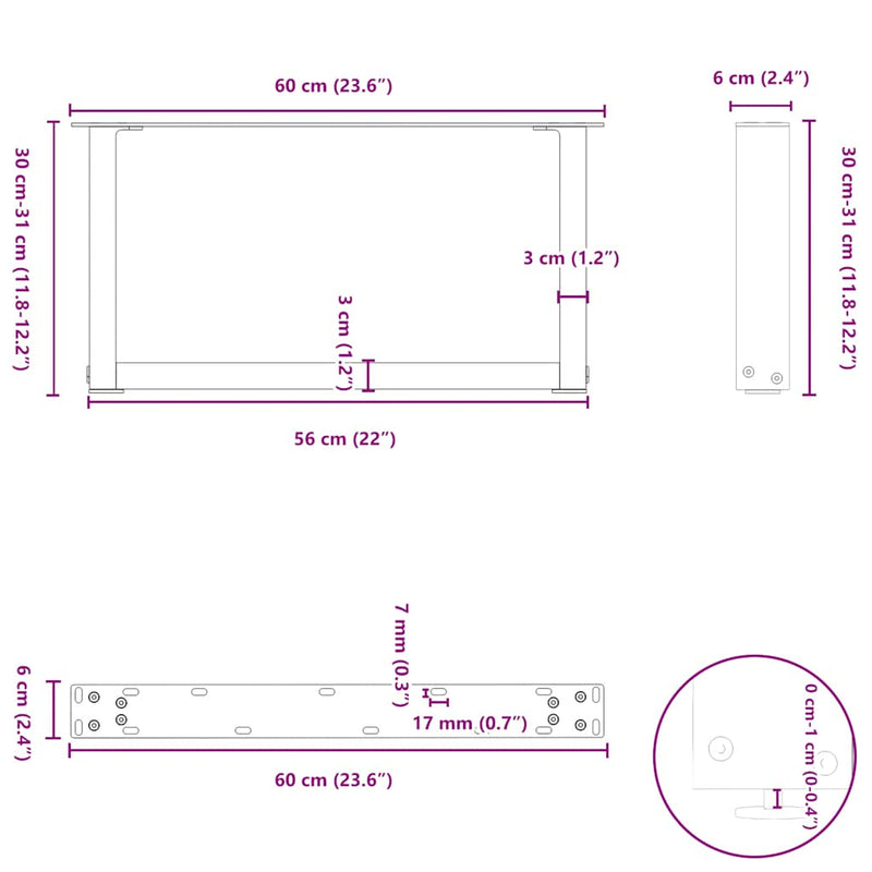 vidaXL 2 db U alakú dohányzóasztal láb fekete 60 x (30-31) cm acél dohányzóasztal láb