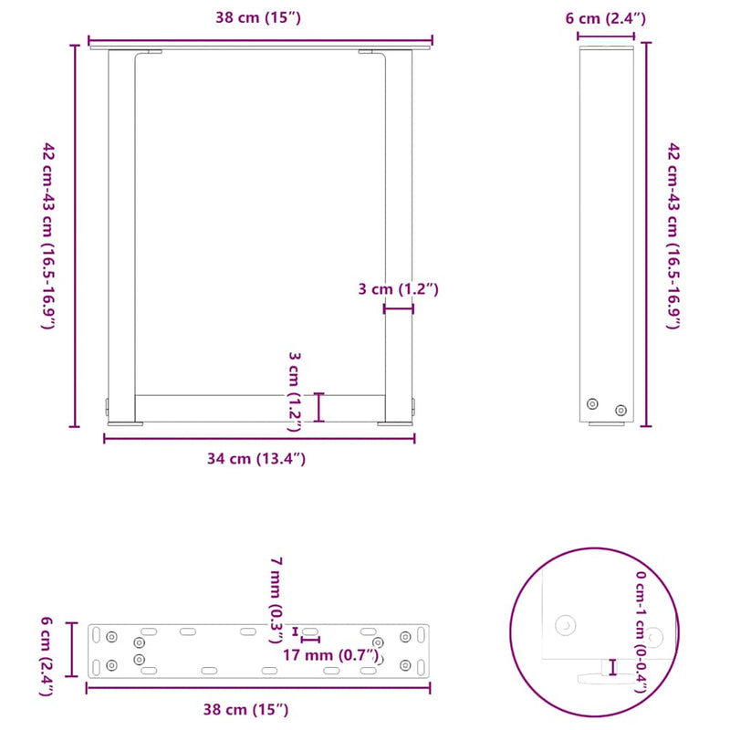 vidaXL 2 db fekete, U alakú acél dohányzóasztal láb 38x(42-43) cm