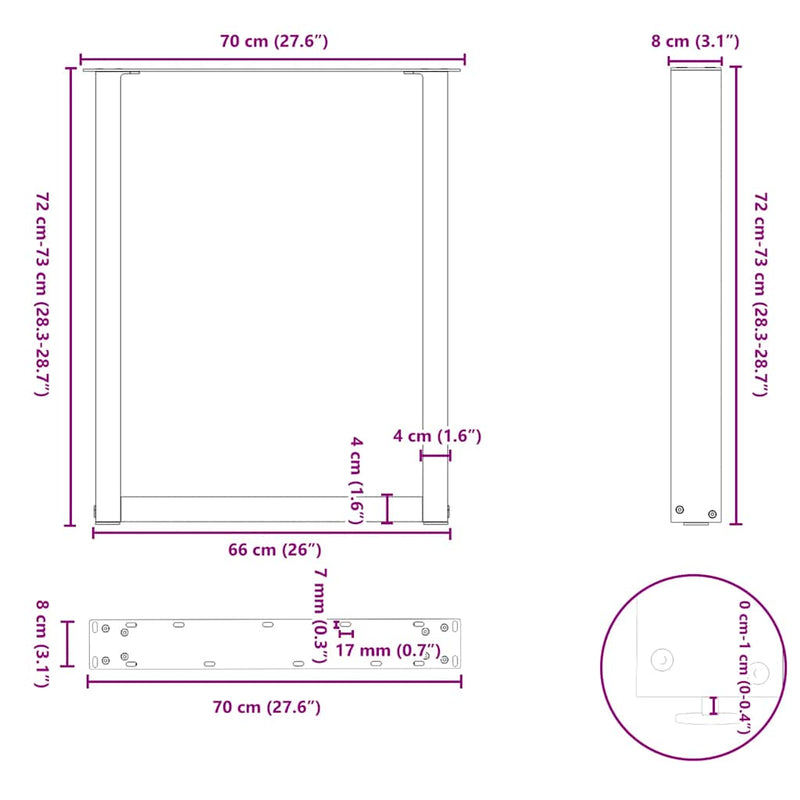 vidaXL 2 db U alakú étkezőasztal láb fekete, 70 x (72-73) cm acél
