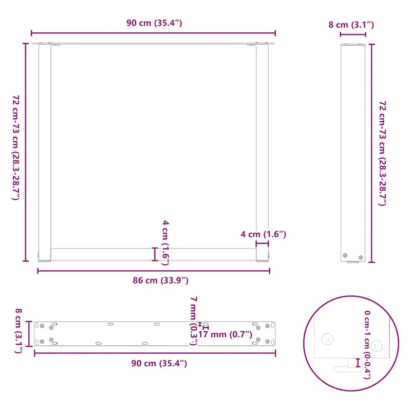 vidaXL 3 db U alakú étkezőasztal láb fekete 90 x (72-73) cm acél étkezőasztal láb
