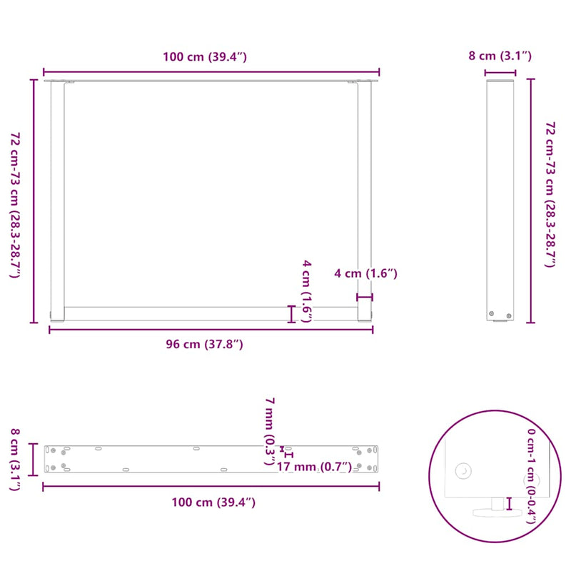 vidaXL 3 db U alakú étkezőasztal láb fekete 100 x (72-73) cm acél étkezőasztalhoz