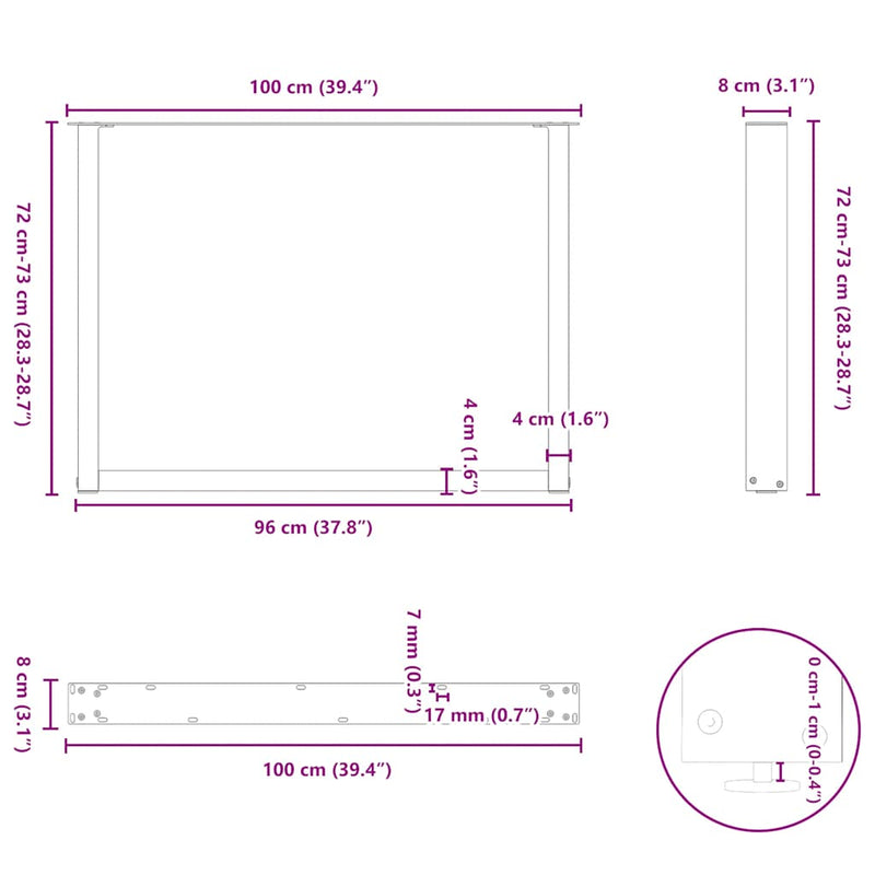 vidaXL 3 db U alakú étkezőasztal láb fehér 100 x (72-73) cm acél étkezőasztal láb