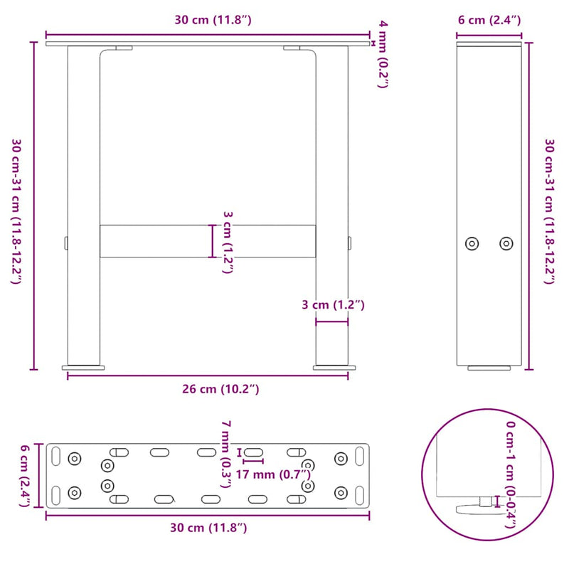 vidaXL 2 db natúr acél dohányzóasztal láb 30 x (30-31) cm acél