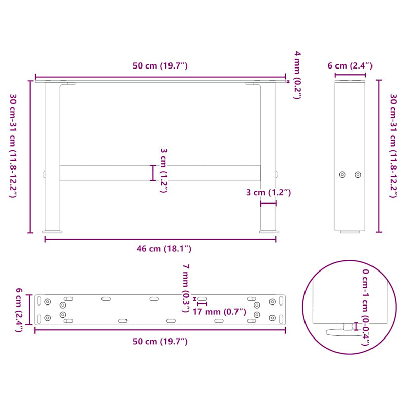 vidaXL 2 db fekete acél dohányzóasztal láb 50 x (30-31) cm