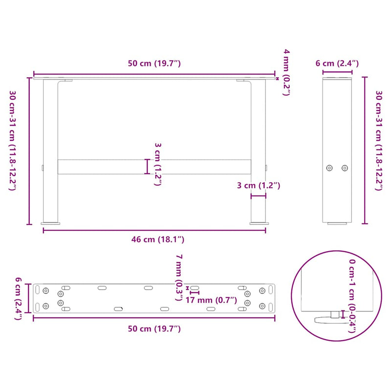 vidaXL 2 db natúr acél dohányzóasztal láb 50 x (30-31) cm acél
