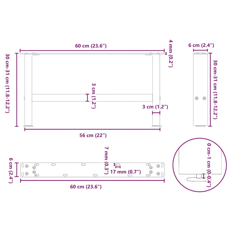 vidaXL 2 db fekete acél dohányzóasztal láb 60 x (30-31) cm