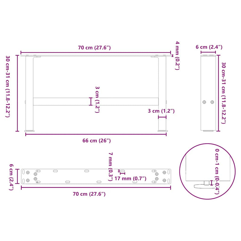 vidaXL 2 db fekete acél dohányzóasztal láb 70 x (30-31) cm
