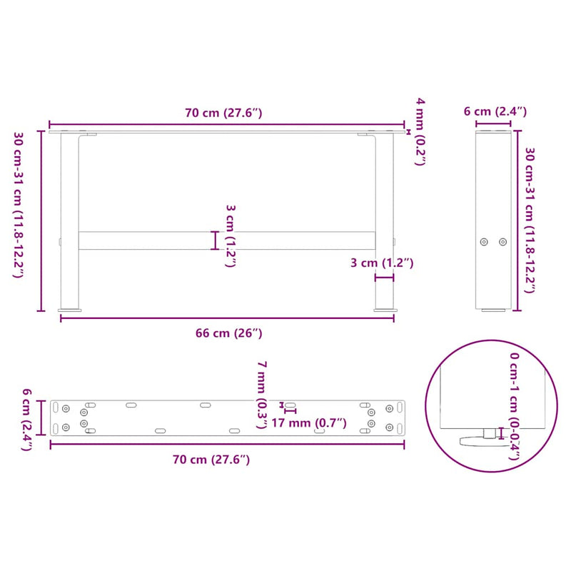 vidaXL 2 db natúr acél dohányzóasztal láb 70 x (30-31) cm acél