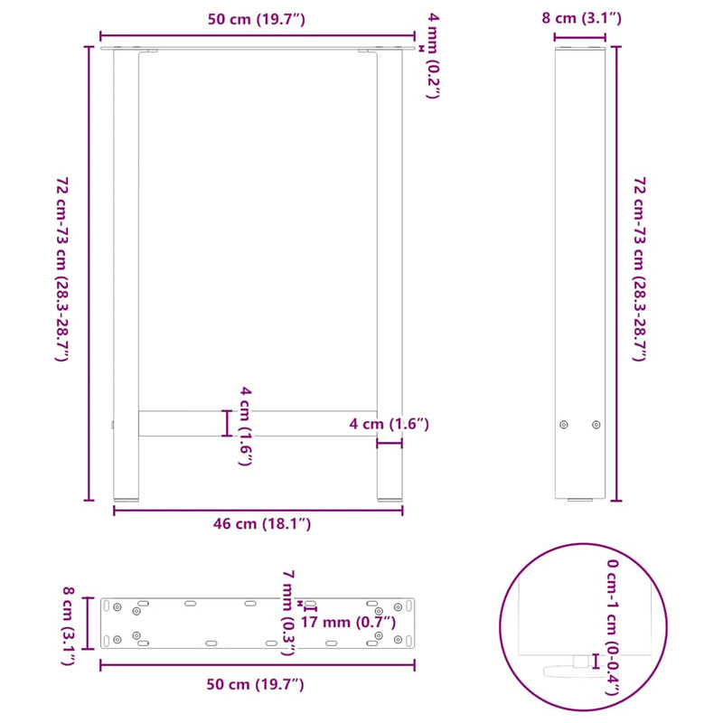vidaXL 2 db fekete acél étkezőasztal láb 50 x (72-73) cm