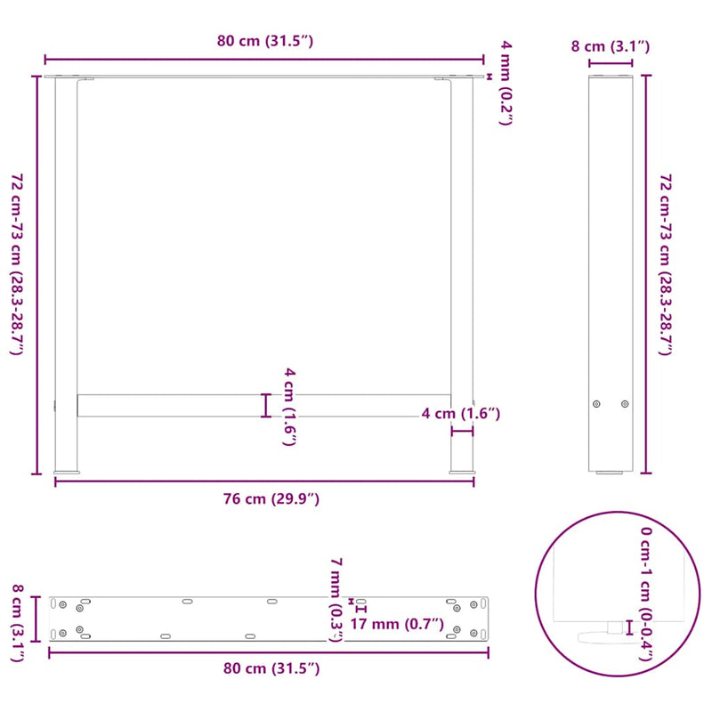 vidaXL 2 db fekete étkezőasztal láb 80 x (72-73) cm acél