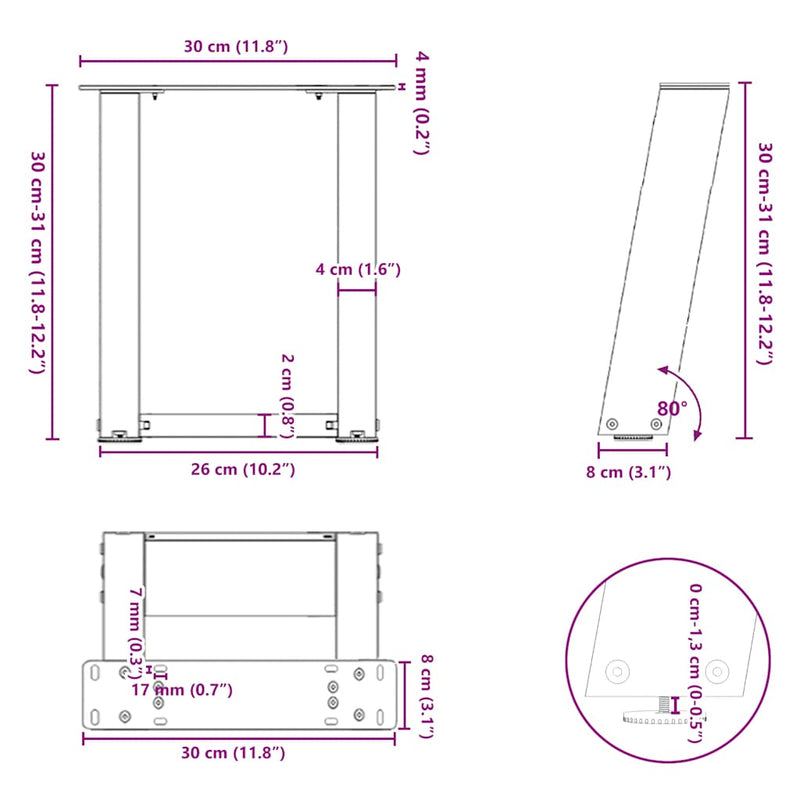 vidaXL 2 db U alakú fekete acél dohányzóasztal láb 30x(30-31) cm