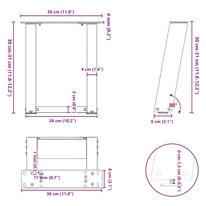 vidaXL 2 db U alakú fehér dohányzóasztal láb 30x(30-31) cm acél