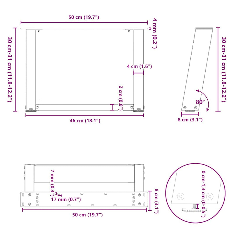 vidaXL 2 db fekete, U alakú acél dohányzóasztal láb 50 x (30-31) cm