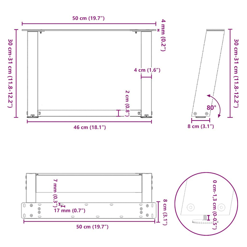 vidaXL 2 db U alakú fehér dohányzóasztal láb 50 x (30-31) cm acél