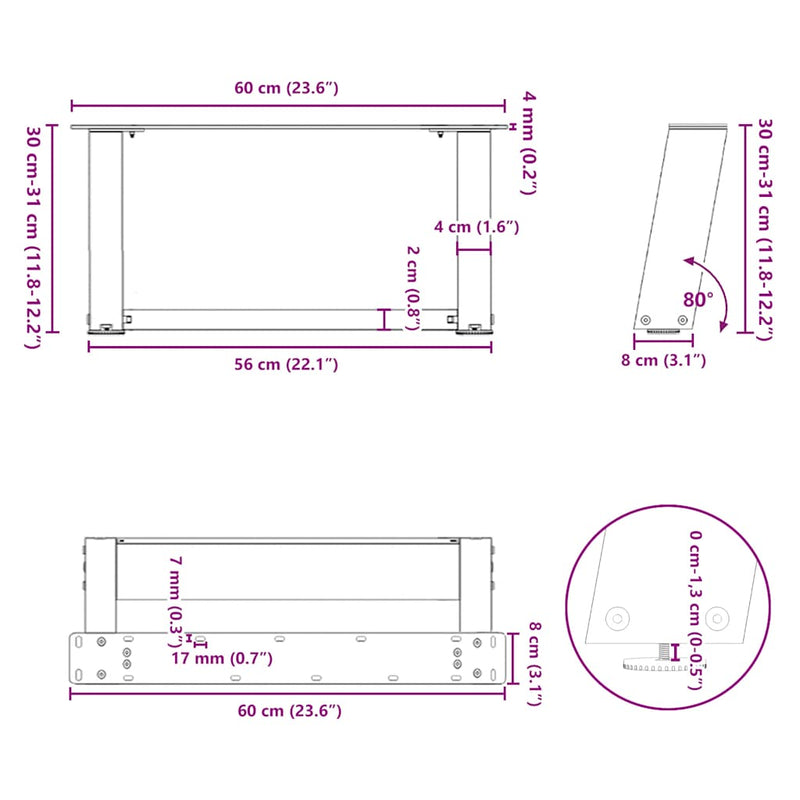 vidaXL 2 db antracitszürke, U alakú acél dohányzóasztal láb 60 x (30-31) cm