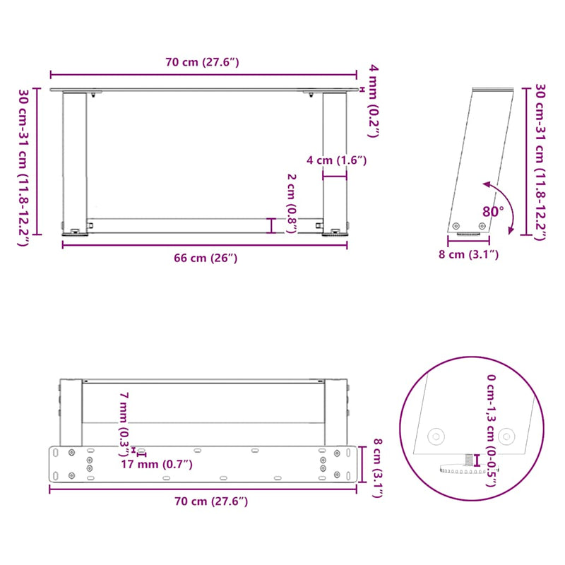 vidaXL 2 db U alakú dohányzóasztal láb fekete 70 x (30-31) cm acél dohányzóasztal láb