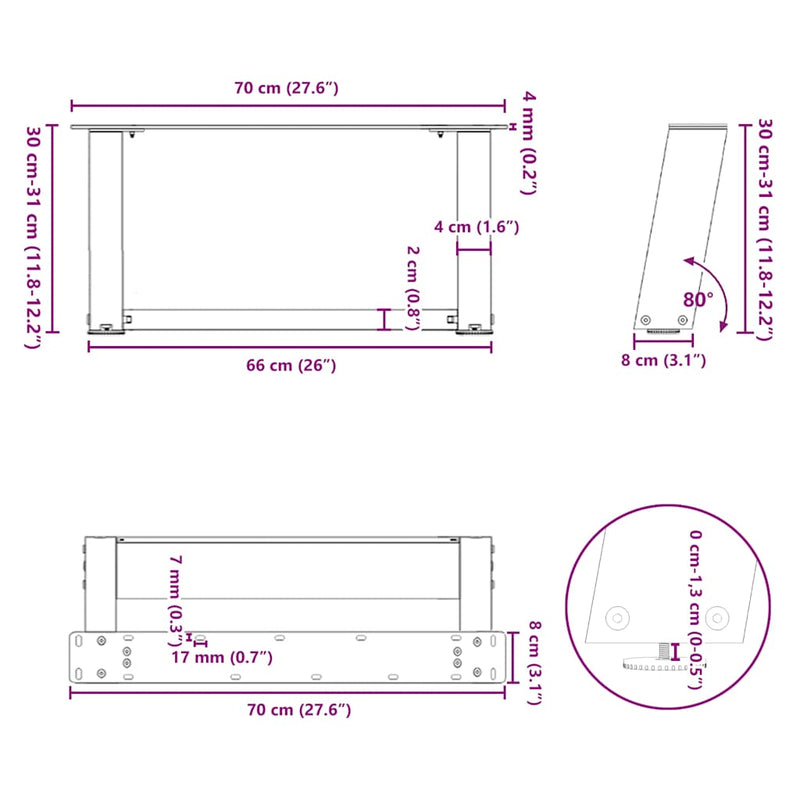 vidaXL 2 db antracitszürke, U alakú acél dohányzóasztal láb 70 x (30-31) cm
