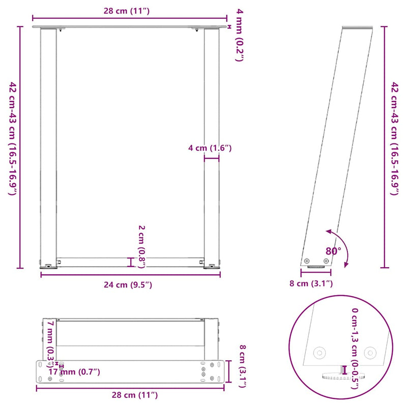 vidaXL 2 db antracitszürke U-alakú dohányzóasztal láb 28x(42-43) cm acél