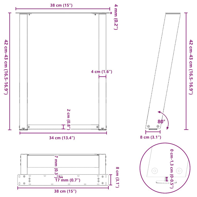 vidaXL 2 db fekete, U alakú acél dohányzóasztal láb 38x(42-43) cm