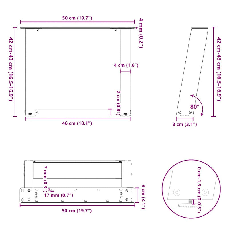 vidaXL 2 db U alakú dohányzóasztal láb fehér 50 x (42-43) cm acél dohányzóasztalhoz