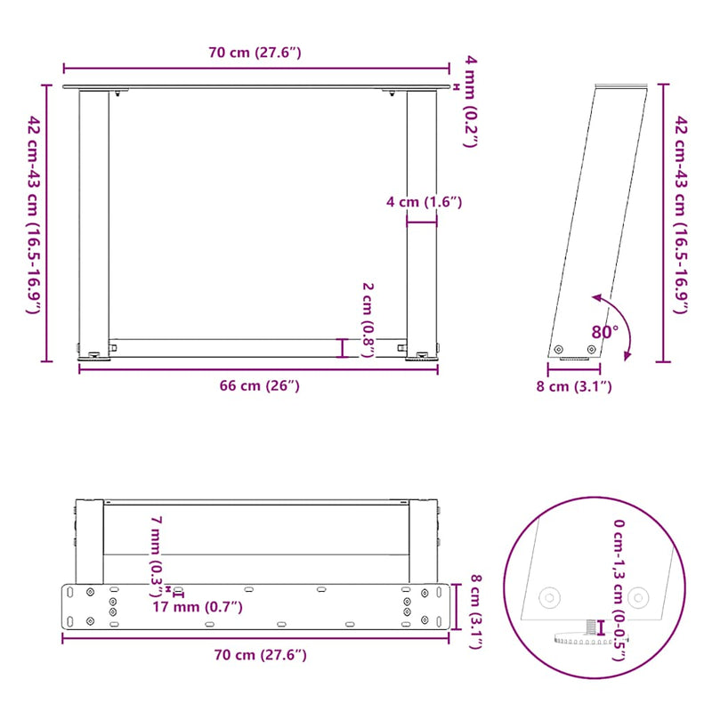 vidaXL 2 db U alakú dohányzóasztal láb fekete 70 x (42-43) cm acél dohányzóasztal láb