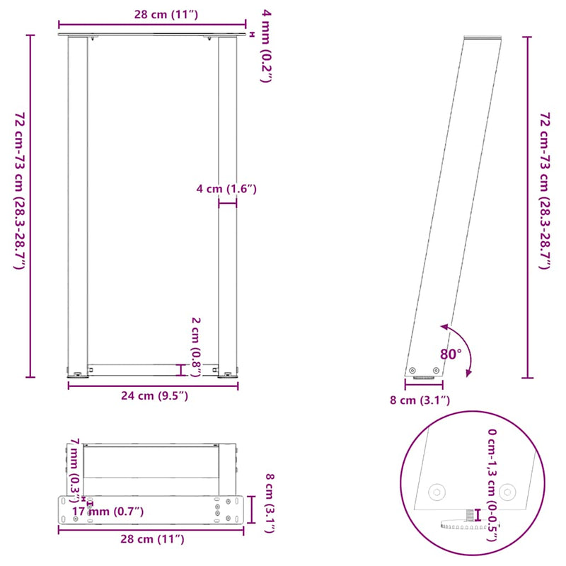 vidaXL 2 db fekete, U alakú acél konzolasztal láb 28 x (72-73) cm