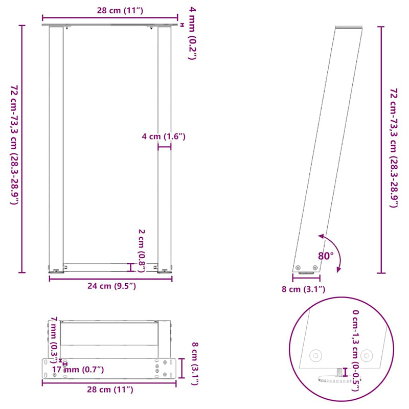 vidaXL 2 db antracitszürke U-alakú acél konzolasztal láb 28x(72-73) cm