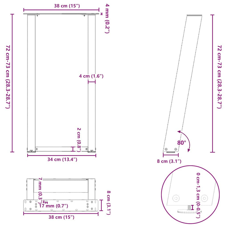 vidaXL 2 db fekete, U alakú acél konzolasztal láb 38 x (72-73) cm