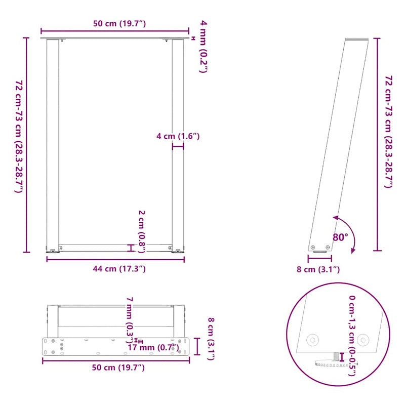 vidaXL 2 db U alakú étkezőasztal láb fekete acélból 50 x (72-73) cm
