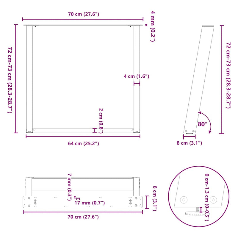 vidaXL 2 db U alakú étkezőasztal láb fekete, 70 x (72-73) cm acél