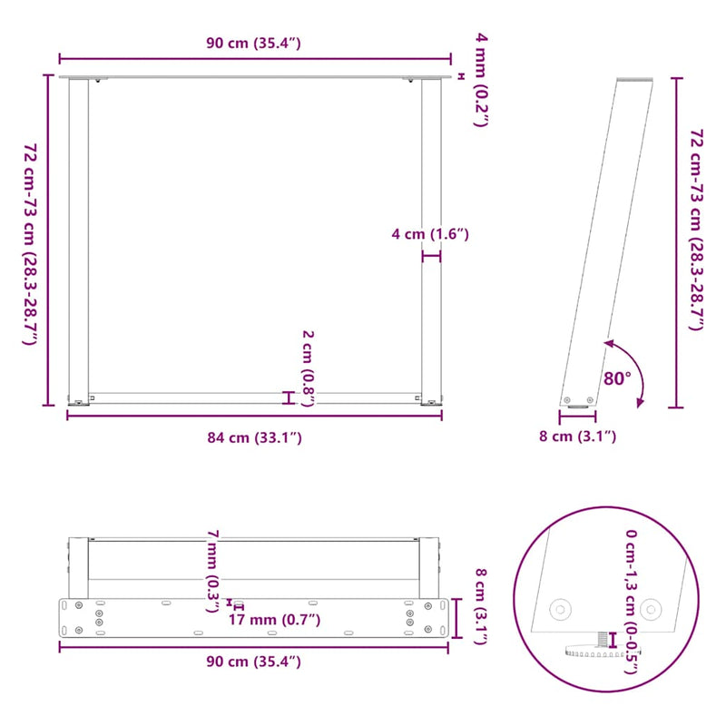 vidaXL 2 db U alakú étkezőasztal láb fekete, 90 x (72-73) cm acél