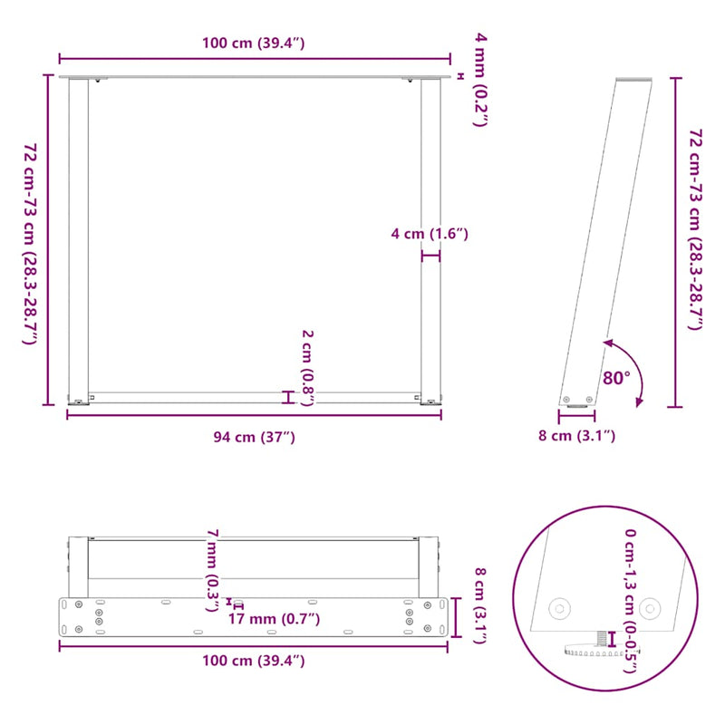 vidaXL 2 db U alakú étkezőasztal láb fekete 100 x (72-73) cm acél étkezőasztalhoz
