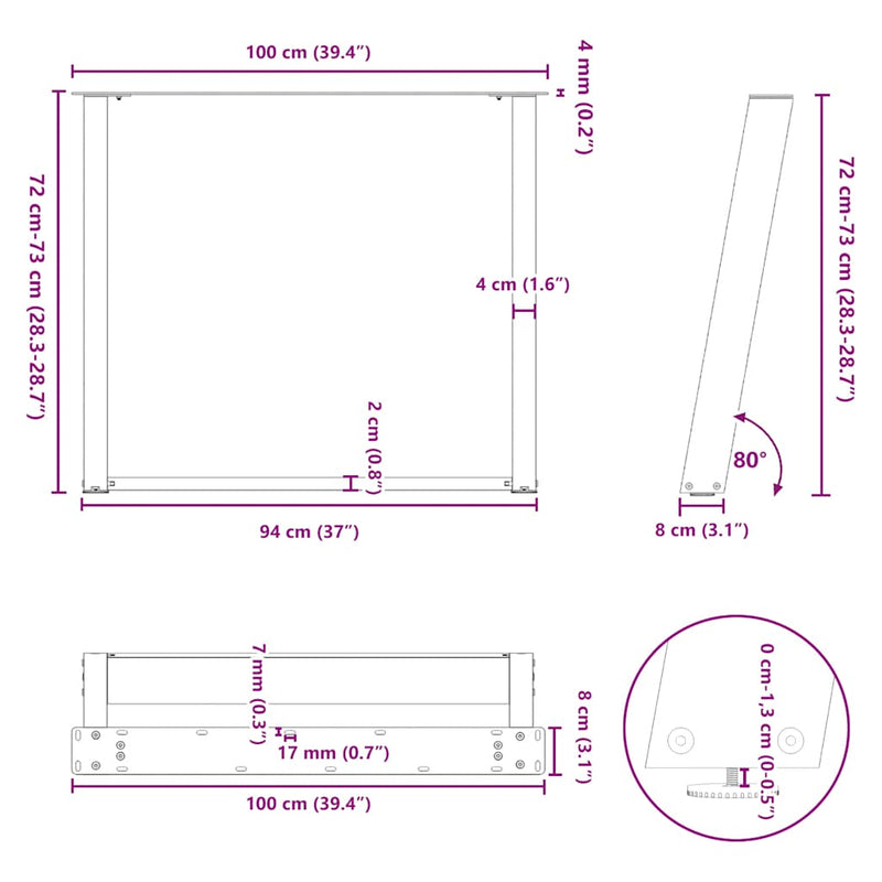 vidaXL 2 db U alakú étkezőasztal láb fehér 100 x (72-73) cm acél étkezőasztal láb