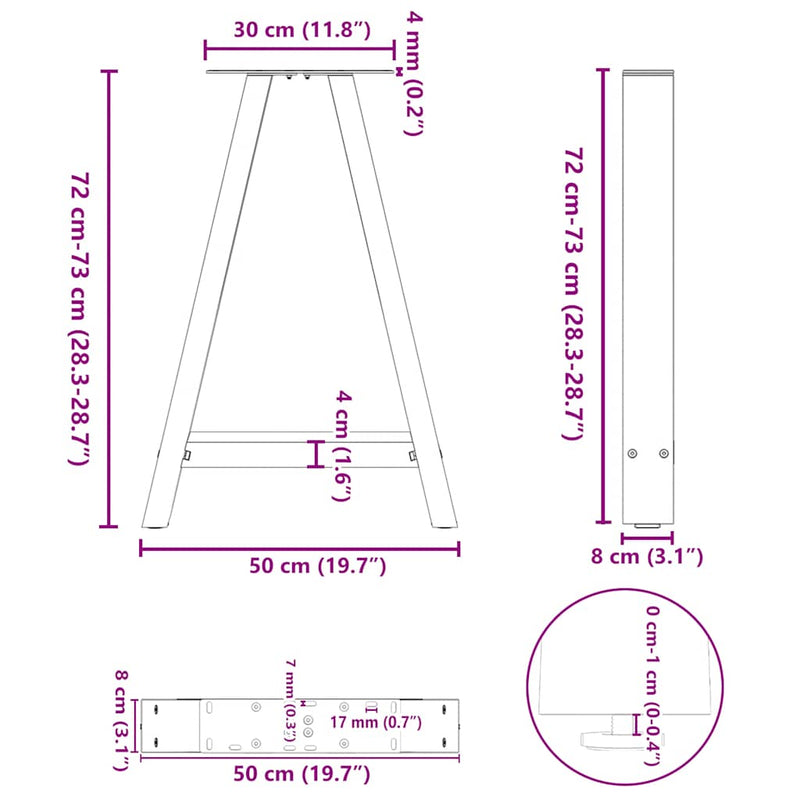vidaXL 2 db fekete A-alakú acél étkezőasztal láb 50 x (72-73) cm