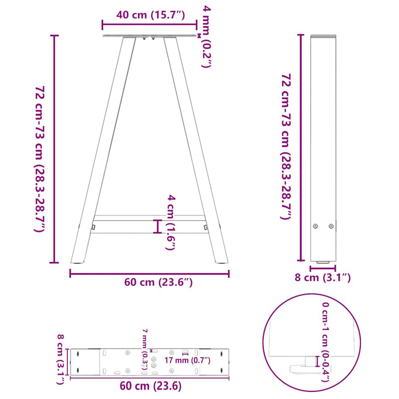 vidaXL 2 db A-alakú étkezőasztal láb fekete 60 x (72-73) cm acél étkezőasztal láb