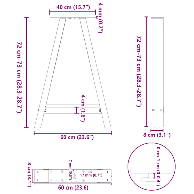 vidaXL 2 db A-alakú étkezőasztal láb fehér 60 x (72-73) cm acél étkezőasztal