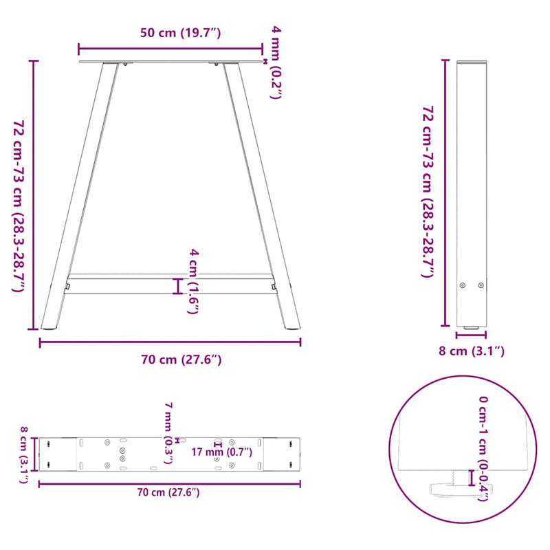 vidaXL 2 db A-alakú étkezőasztal láb fekete 70 x (72-73) cm acél étkezőasztal láb