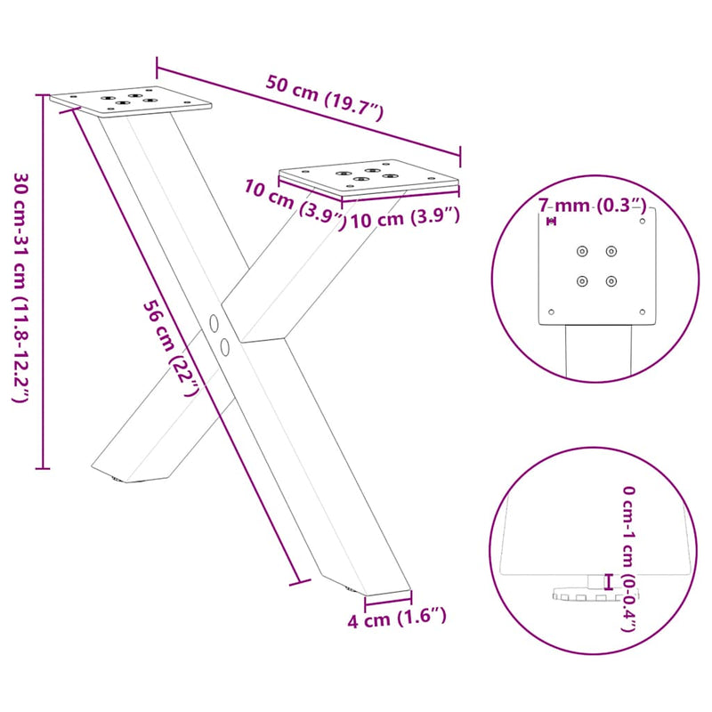 vidaXL 2 db fehér, X alakú acél dohányzóasztal láb 50 x (30-31) cm